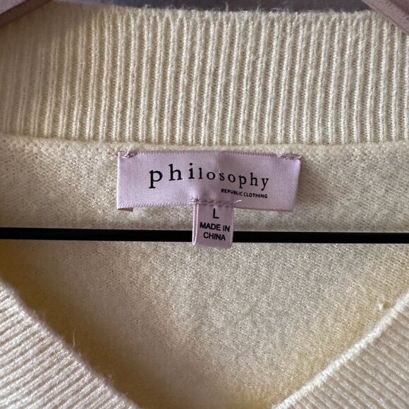 Women's L Philosophy V-neck Sweater Pale Yellow Fuzzy Soft - Picture 3 of 7